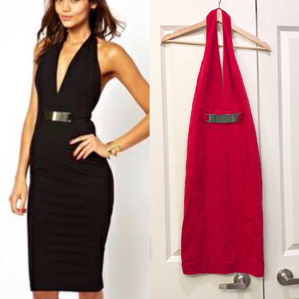 ASOS Petite Exclusive Halter Dress V neckline Red
